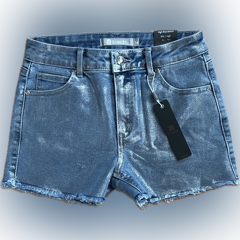 🩶14Jr High Rise Slim Fit Metallic Foil Fray Hem Denim Shorts by Tractr | Indigo - Picture 15 of 17
